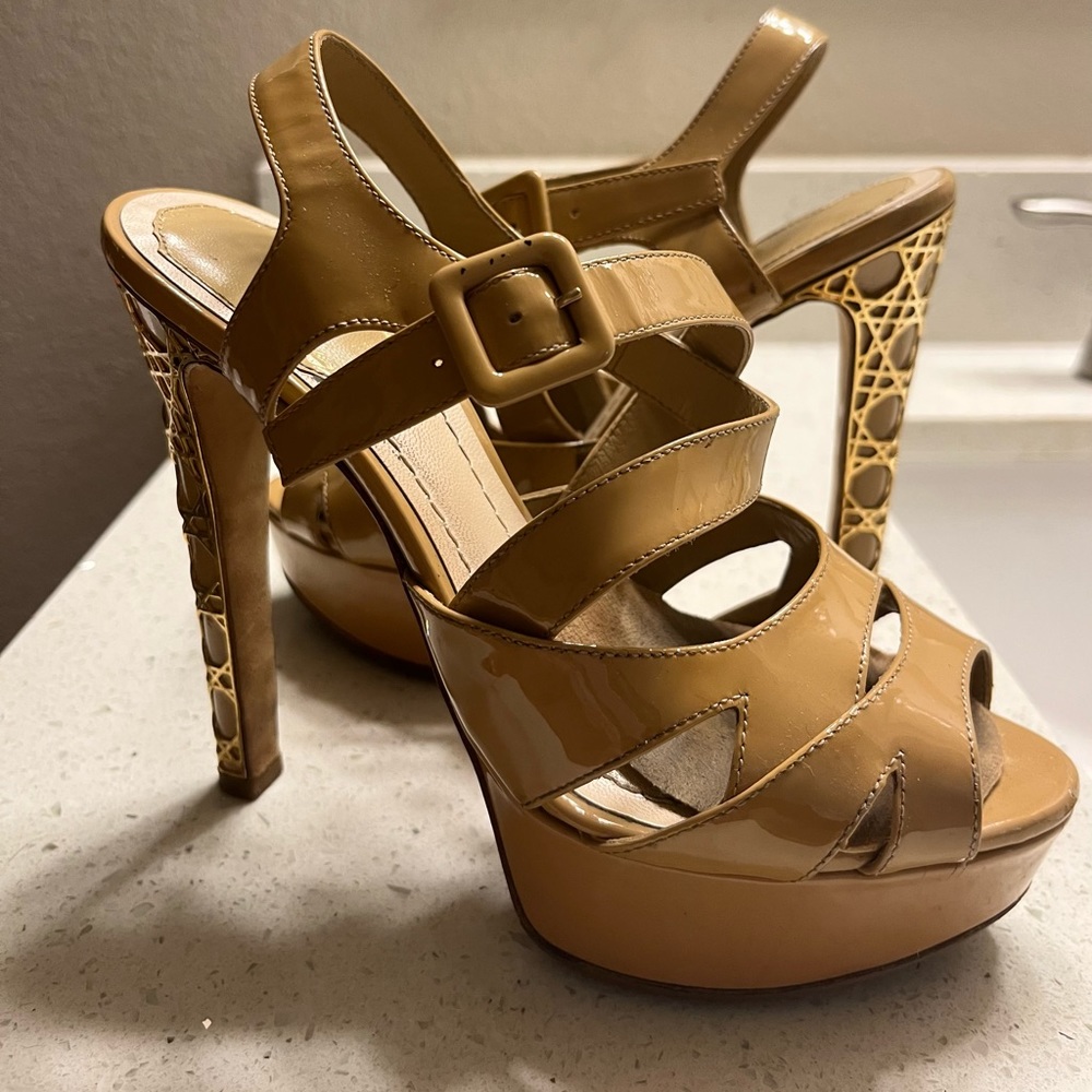 Christian Dior Nude Patent Cannage Heel Platform Sandals